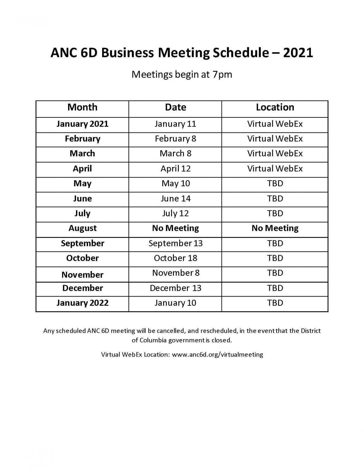 ANC 6D Meeting Schedule Advisory Neighborhood Commission 6D